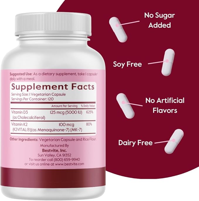 BESTVITE Vegan Vitamin D3 5000 IU + Vitamin K2 100 mcg as MK-7 (120 Vegetarian Capsules) - No Stearates - Vegan - Non GMO - Gluten Free