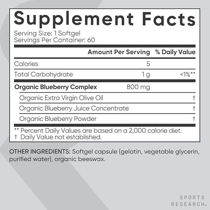Sports Research Blueberry Capsules - Made from Organic Blueberries with Organic Extra Virgin Olive Oil - Non-GMO &amp Gluten Free - 60 Liquid Softgels