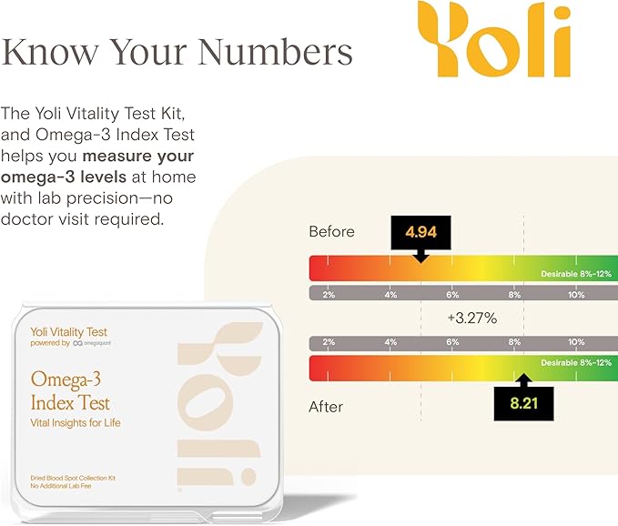 Yoli Vitality Test Kit an Omega-3 Index Blood Test Kit - at-Home Collection Testing Package for Measuring Omega-3 Levels and Wellness Tracking - CLIA-Certified Lab Results