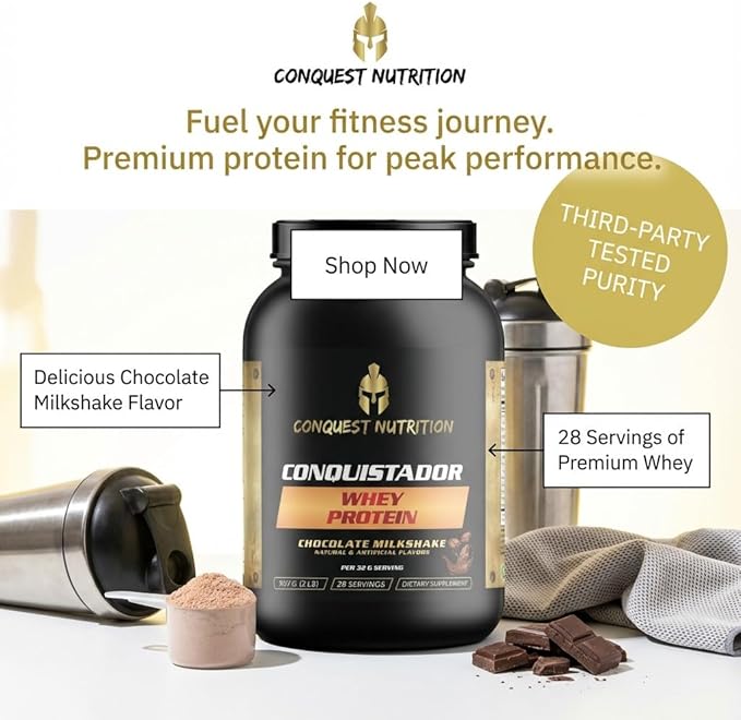 Conquistador Premium Whey Protein Powder – Chocolate Milkshake Flavor 25 gm Digestive Enzyme Blend 5.1g BCAA’s 0g Added Sugar Supports Muscle Recovery - 28 Servings