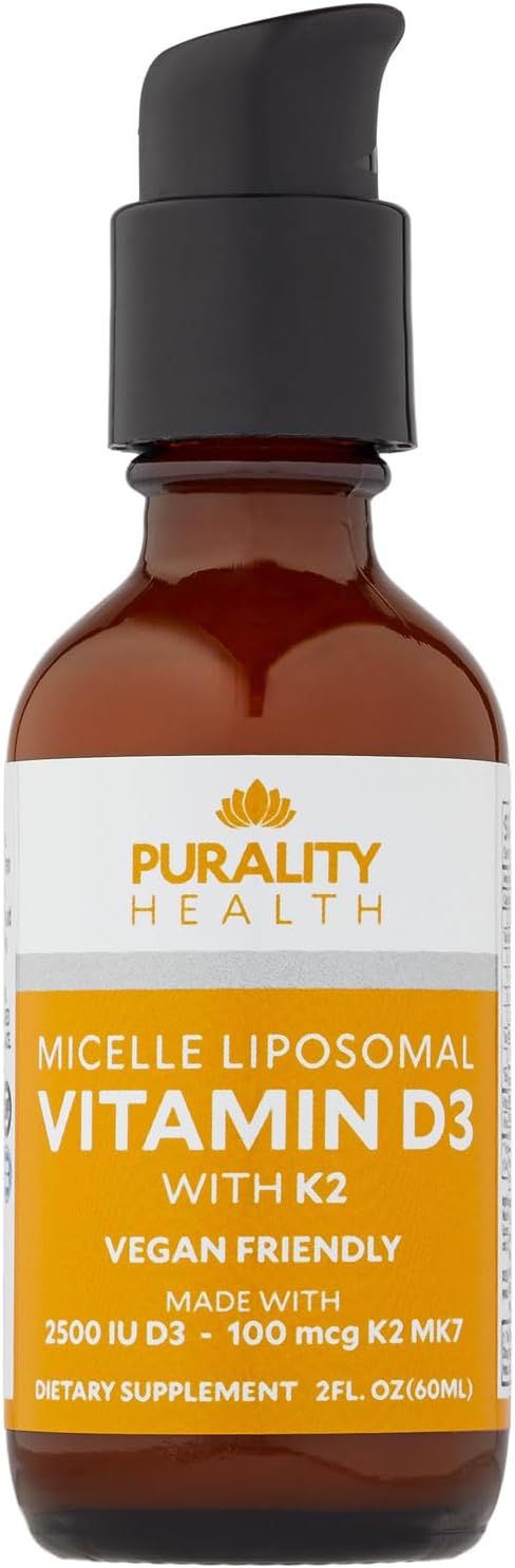 PURALITY HEALTH Vitamin D3 with K2 Liquid Supplement Vegan Micelle Liposomal Enhanced Absorption Non-GMO 30 Day Supply