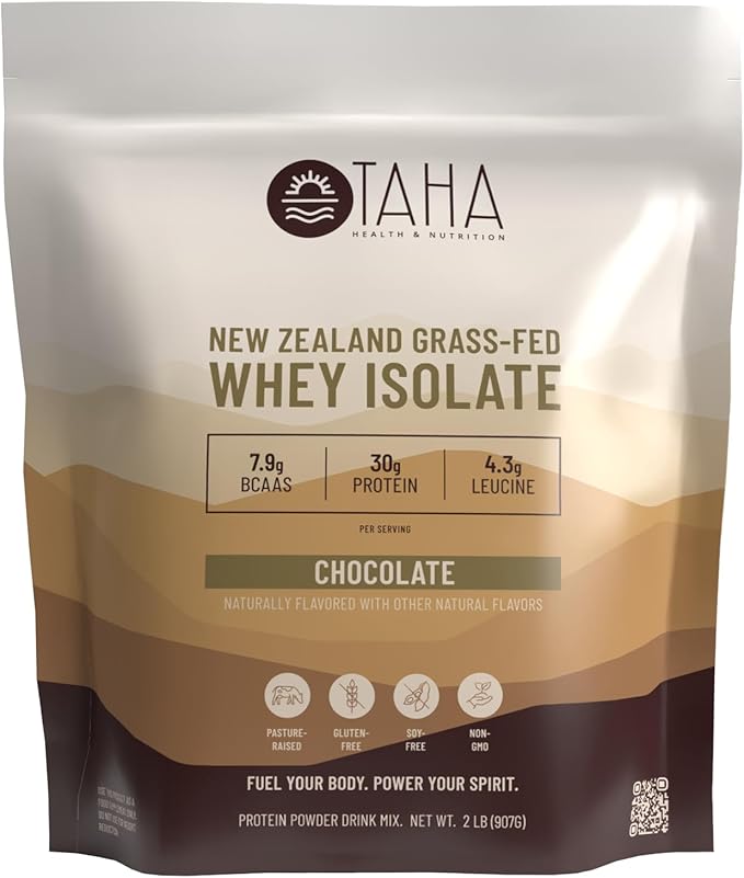 Taha Health &amp Nutrition Chocolate Whey Protein Isolate Powder 30g Protein 7.9g BCAAs 4.3g Leucine | New Zealand Free-Range Grass-Fed Dairy | Gluten-Free Keto Kosher | 2LB ~24 Servings