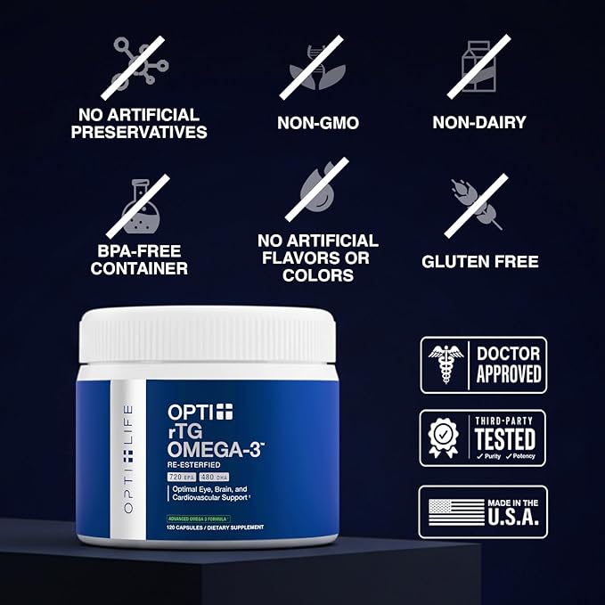 Opti + rTG Omega-3 Supplements | Heart Immune Brain and Eye Health Supplements for Adults | Daily Use Omega 3 DHA EPA Capsules | 120 Softgels/ 60 Servings