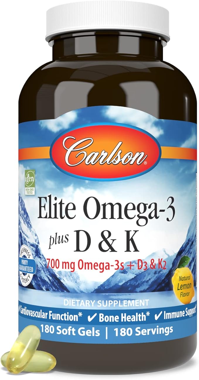 Carlson - Elite Omega-3 Plus D &amp K 700 mg Omega-3s + D3 &amp K2 Function Bone Health &amp Immune Support Lemon 180 Softgels