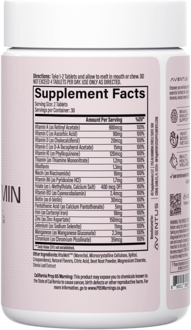 Aventus Women’s Multivitamin | Daily Vitamin Support with Iron | Beauty Health and Wellness | Brain Immunity Support | Cherry Flavored Melt Tablets | 60 ct 30 Servings