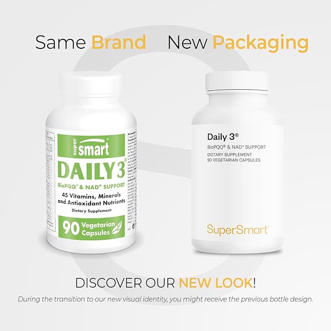 Supersmart Daily3 + Bio PQQ (All-in-One Formula) - Multivitamin for Women and Men - 45 Essential Nutrients | Non-GMO &amp Gluten-Free | 1 Month Supply - 90 Vegetarian Capsules