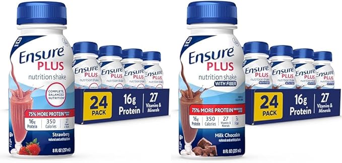 Ensure Plus Nutrition Shake with 16 Grams of Protein &amp Ensure Plus Nutrition Shake With Fiber 16 Grams of Protein Meal Replacement Liquid Milk Chocolate gluten free 8 Fl Oz (Pack of 24)