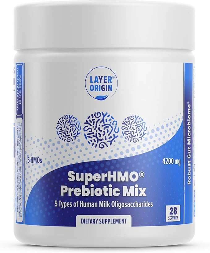 Layer Origin SuperHMO Prebiotic Mix with 5-HMO Prebiotic Fiber for Gut Digestion Brain Health - Powder 28 Servings