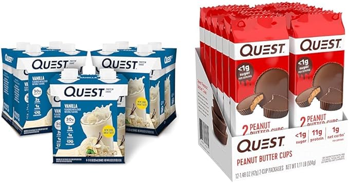 Quest Vanilla Protein Shake High Protein Low Carb Gluten Free Keto Friendly 11 Fl.Oz 4 Count (Pack of 3) and Quest Nutrition Peanut Butter Cups 12 Count (Pack of 1) (total- 17.76 Ounce)
