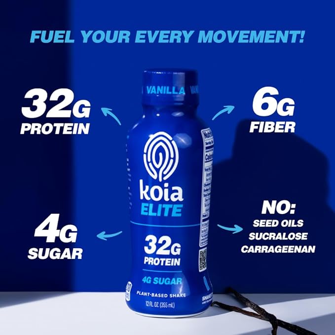 Koia Elite Plant Based Protein Shake Vanilla 32g Protein 4g Sugar 6g Prebiotic Fiber Pre &amp Post Workout Nutritional Drink No Seed Oils Dairy-Free Gluten-Free Non-GMO 12 Fl Oz (Pack of 12