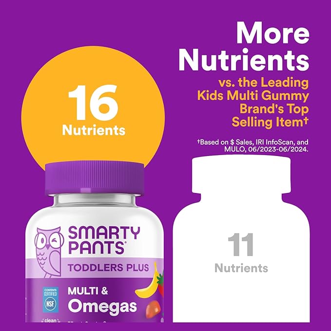 SmartyPants Toddler Multivitamin Gummies Omega 3 (DHA/EPA) Vitamins D3 C Vitamin B12 B6 A K &amp Zinc Biotin Gluten Free Three Fruit Flavors 120 Count (60 Day Supply)