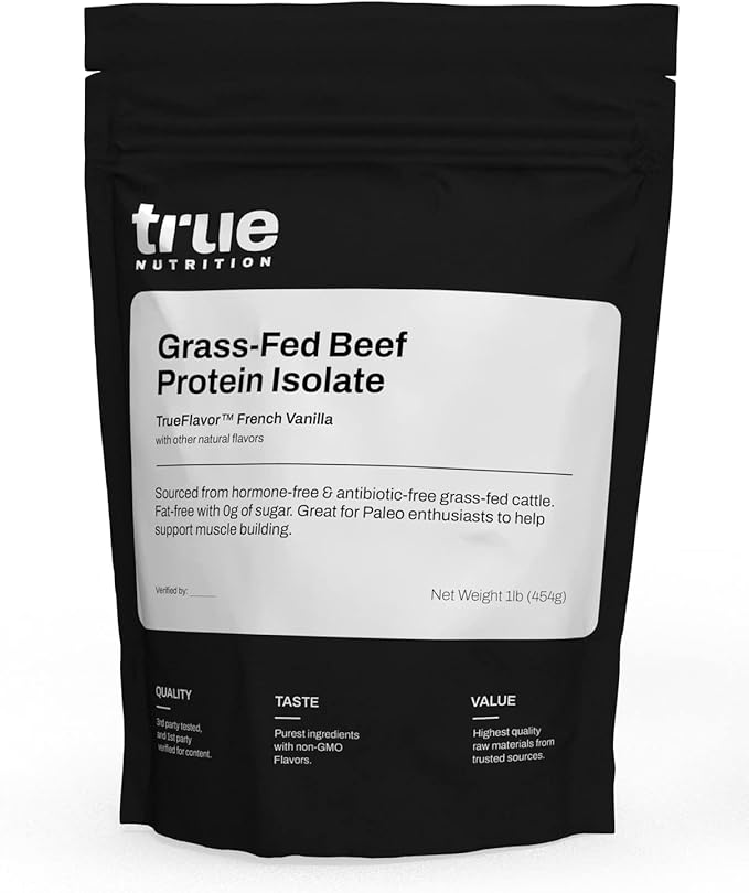 True Nutrition Grass Fed Beef Protein Isolate Powder - 29g Protein per Serving - Zero Carb Fat Free Dairy Free Non-GMO - Paleo Keto Carnivore - French Vanilla - 1lb