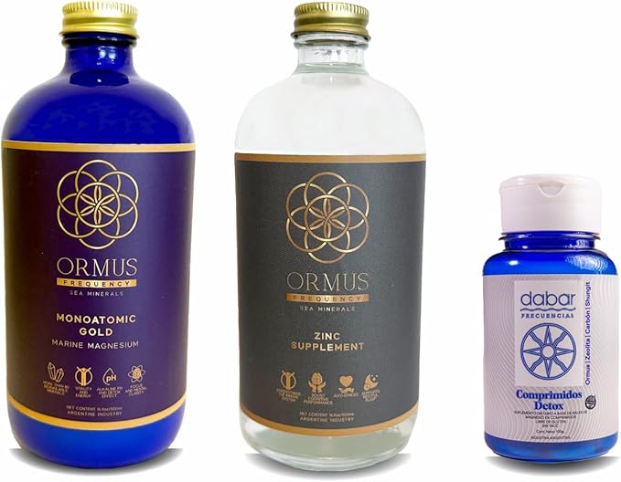 ORMUS/MONOATOMIC Gold (with More Than 80 bioavailable Minerals) + Frequency Solution(zinc Supplement) + Detox Tablets with Zeolite shungite Activated Charcoal &amp sea Minerals