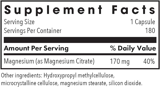 Allergy Research Group Magnesium Citrate - Supports Energy Levels Bone Health &amp Stress Response - Delivers 170 mg Magnesium Citrate - Bioavailable - 180 Servings - 180 Capsules