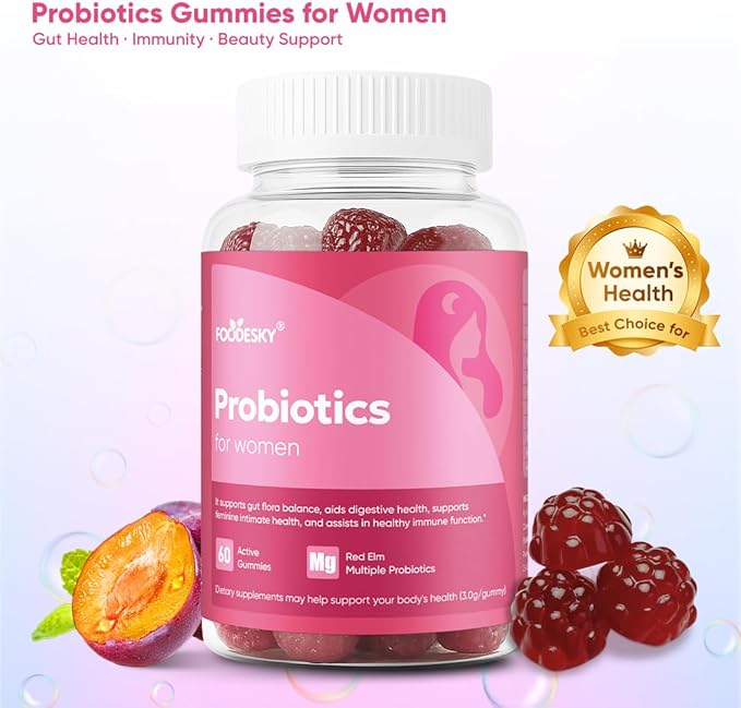 Probiotics for Women Gummies - Multiple Probiotics &amp Red Elm - Supports Gut Flora Feminine Health &amp Immune Function - 60 Active Daily Gummies (2PCS)