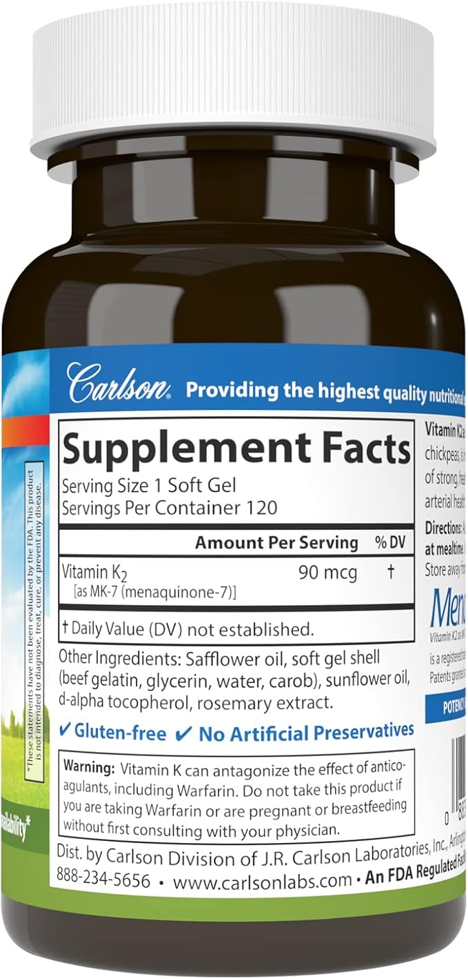 Carlson - Vitamin K2 MK-7 (Menaquinone) 90 mcg Bone Support Calcium Bioavailability K2 Vitamin Vitamin K-2 120 Softgels