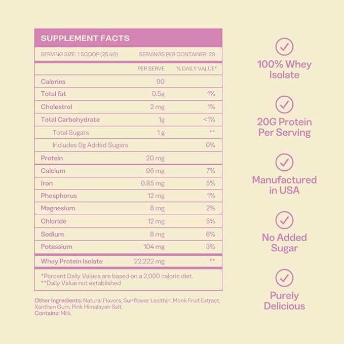 Whey Protein Isolate for Women 20g Protein 0g Sugar 90 Calories Stevia-Free Grass-Fed &amp Pasture Raised Vanilla 1 lb
