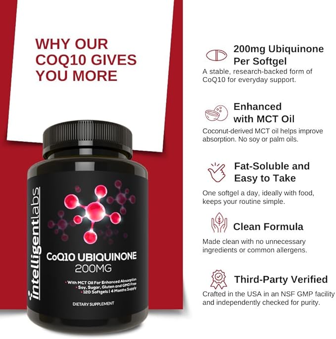 Intelligent Labs CoQ10 Ubiquinone 200mg Softgels | Coenzyme Q10 with MCT Oil for Max Absorption | Soy Sugar Gluten and GMO-Free | 120 Servings | 120 Days Supply