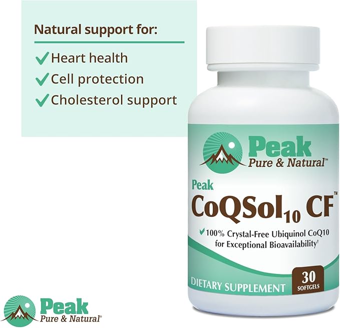 Peak CoQSol10 CF - 100% Crystal-Free Ubiquinol CoenzymeQ10 for Enhanced Bioavailability - Ubiquinol CoQ10 - Natural Energy Booster - Supports Immunity Brain and Heart Health (30 Softgels)