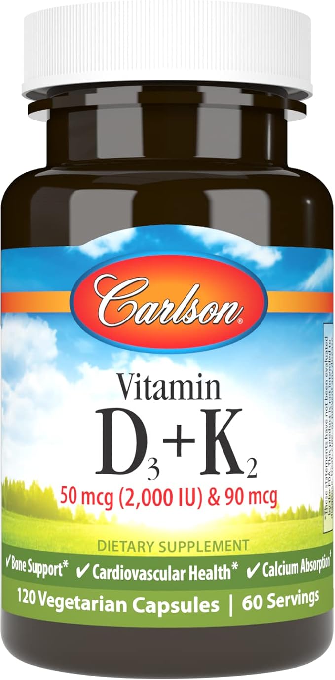 Carlson - Vitamin D3 + K2 50 mcg (2000 IU) Vitamin D3 &amp 90 mcg Vitamin K2 as MK7 Bone Support Calcium Absorption 120 Capsules