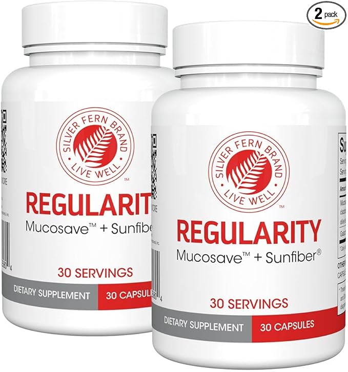 Silver Fern Brand Regularity Digestive Supplement - 2 Bottles = 60 Capsules = 60 Day Supply - Mucosave FG (Prickly Pear Polysaccharides &amp Olive Leaf Polyphenols) &amp SunFiber