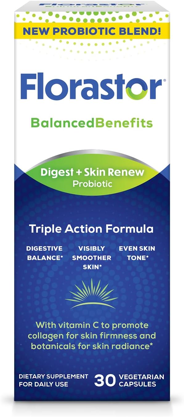 Florastor Digest and Skin Renew - Probiotic for Skincare and Digestive Health with French Melon Damask Rose Extract Acerola Cherry &amp Vitamin C 30-Count