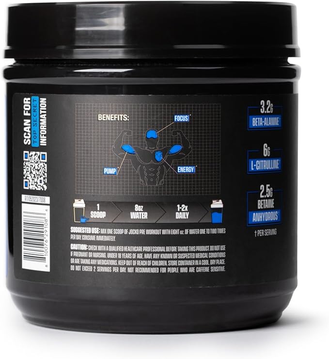 Jocko Fuel Ultimate Pre Workout Powder - Pre-Workout Energy Powder Drink for Men &amp Women - High Stim Sugar-Free Nootropic Blend to Support Muscle Pump Energy &amp Recovery 200mg Caffeine Blue R