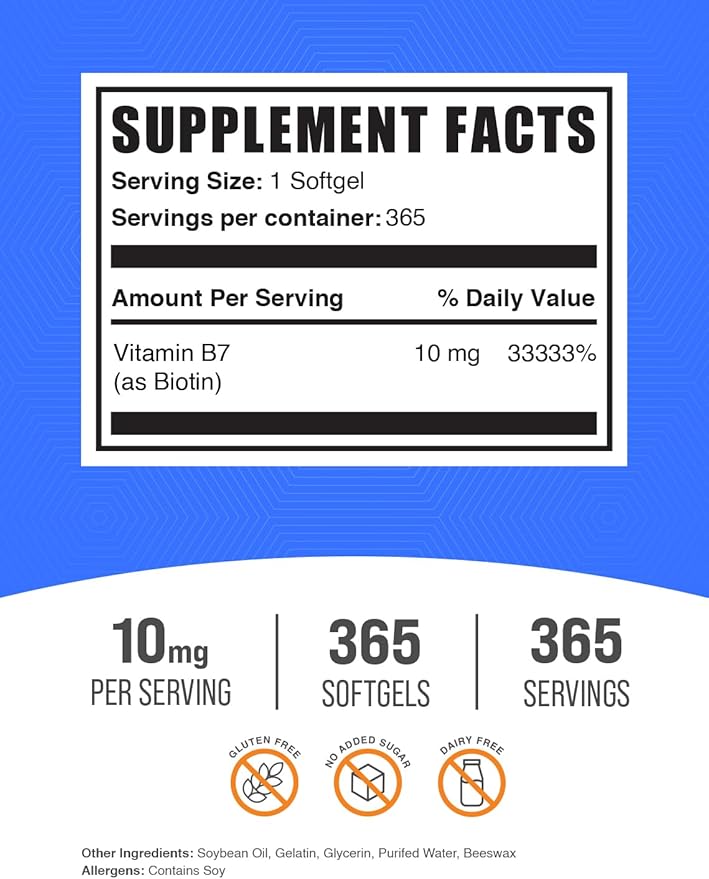 BulkSupplements.com Biotin 10000mcg Softgels - Vitamin B7 Biotin Vitamins for Hair Skin and Nails Biotin Supplement - Gluten Free 1 Softgel per Serving 365 Count (Pack of 1)
