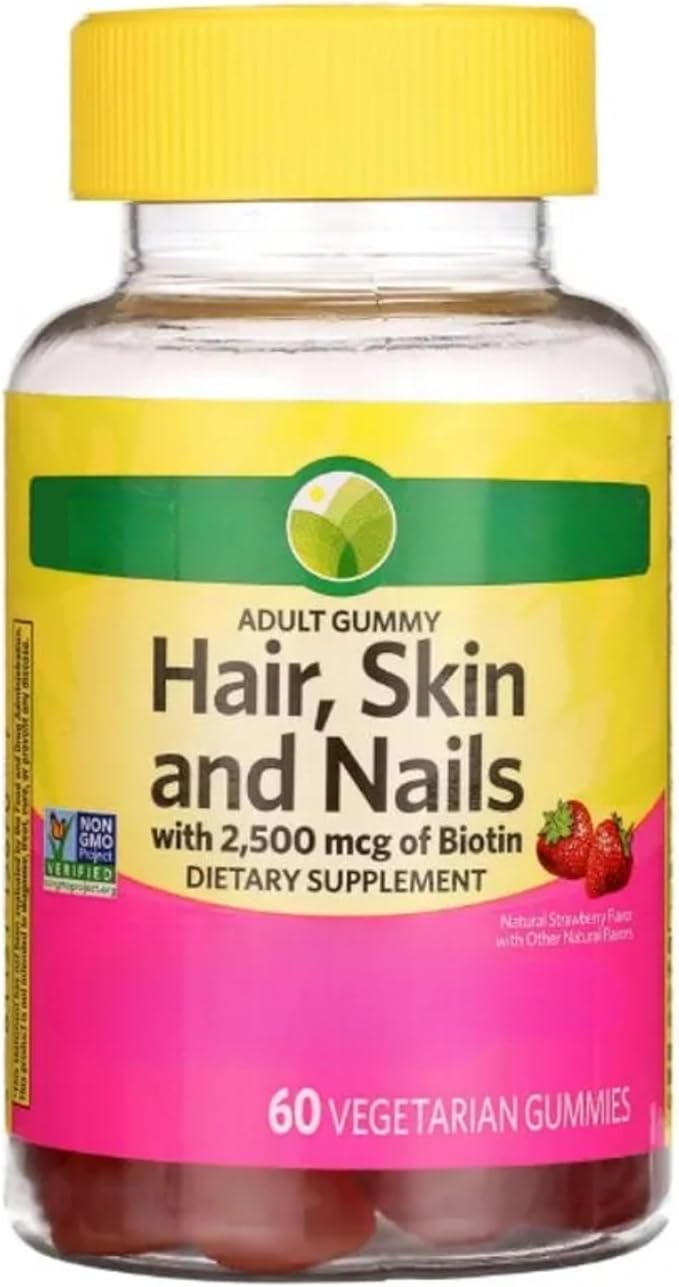 KP+ Hair Skin &amp Nails Biotin 2500 mcg | Adult Gummy Vitamins | Supports Healthy Hair Glowing Skin &amp Strong Nails | Strawberry Flavor | 60 Vegetarian Gummies | Non-GMO* | Pack of 1