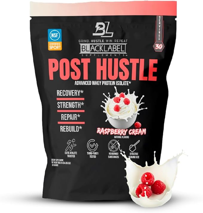 BLACKLABEL Supplements Post Hustle Post Workout Protein Powder 30 Servings – NSF Certified for Sport Whey Isolate Protein Powder with Digestive Enzymes – Raspberry Cream