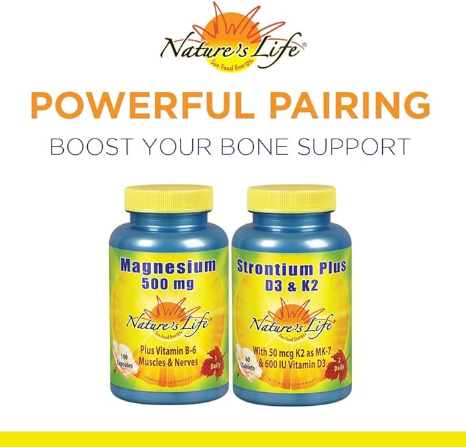 Nature's Life Strontium Plus D3 &amp K2 Supplement - Healthy Bone Support for Women &amp Men Stronium Citrate Trace Mineral Nutritional Support for Adults Vegetarian &amp Bioavailable - 60 Table