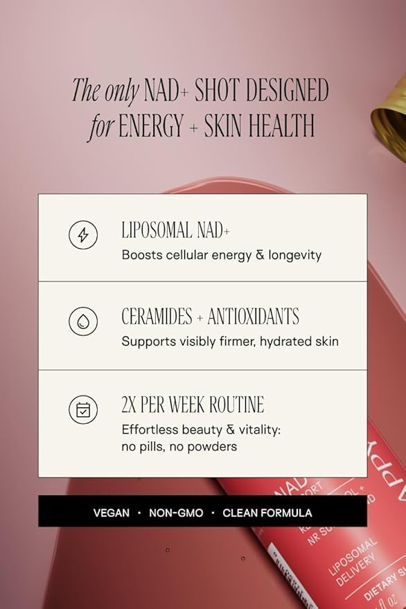 Happy Aging Liquid NAD+ Supplement for Women | Liposomal Nicotinamide Riboside &amp Resveratrol Shots for Energy Skin Health &amp Brain Fog | NMN Alternative with Antioxidants | 10 Shots 30-Day Su