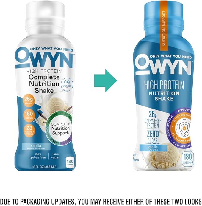OWYN Only What You Need High Protein Shake Vanilla Flavored 26g Protein 0g Sugar 3g Fiber Dairy Free Plant Based Protein Drink 12 Count