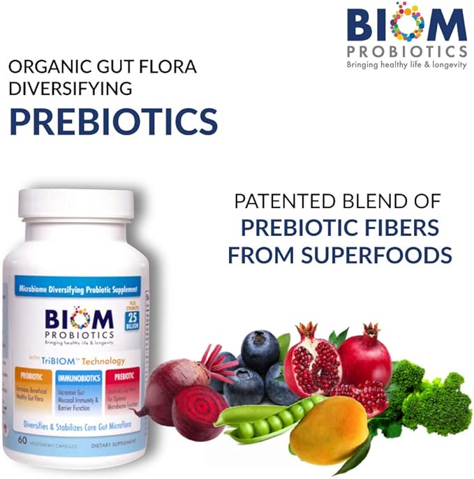 Biom Probiotics 3-in-1 Formula (Cold Shipped) with- 25 Billion Flora Probiotics Prebiotics and Immunobiotics for Better Immune Support - Diversifies Gut Microflora and Microbiome - for Men &amp Wome