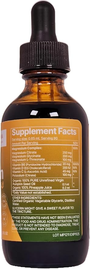 Magnesium Drops - Citrate + Glycinate + L-Threonate - Pineapple Flavor - with B6 D &amp C - Kid-Friendly Magnesium Liquid Drops 2 fl oz