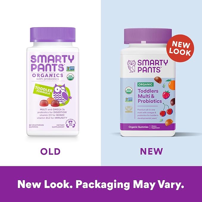 SmartyPants Organic Women's and Toddler Multivitamin Gummies with Probiotics Omega 3 Vitamins D3 B12 C A K Zinc and More Gluten Free 120 and 60 Count