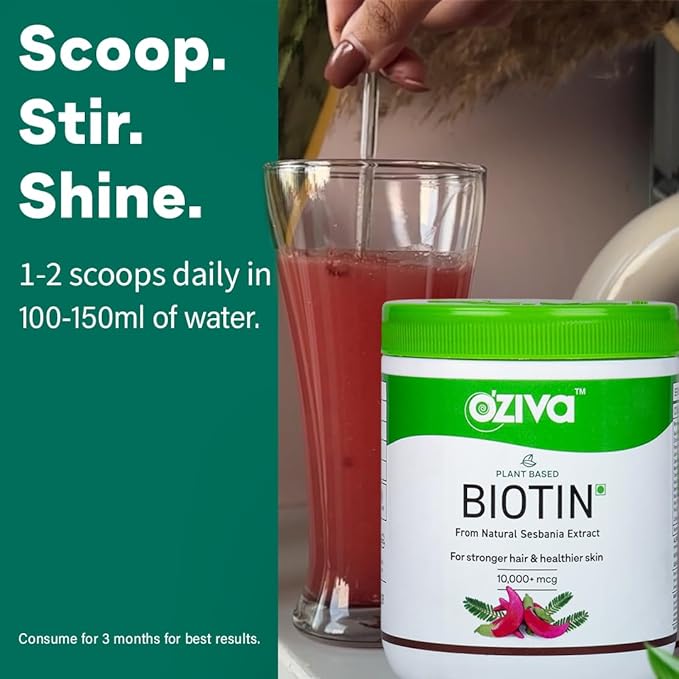 OZiva Plant Based Biotin to Improve Hair Thickness | 100% Natural Biotin from Sesbania Agati Amla &amp Pomegranate | Clinically Proven Biotin Powder for Men &amp Women | 375g Pack of 3 (Classic)