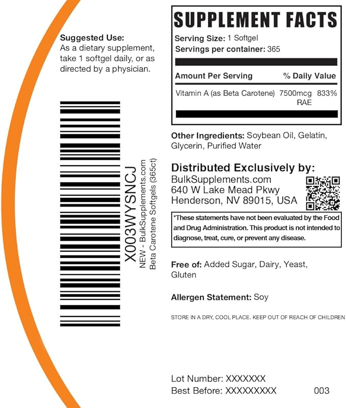 BulkSupplements.com Beta Carotene 25000 IU Softgels - Vitamin A Supplement Beta Carotene Supplements - for Eye Support Gluten Free 1 Softgel per Serving 365 Count (Pack of 1)