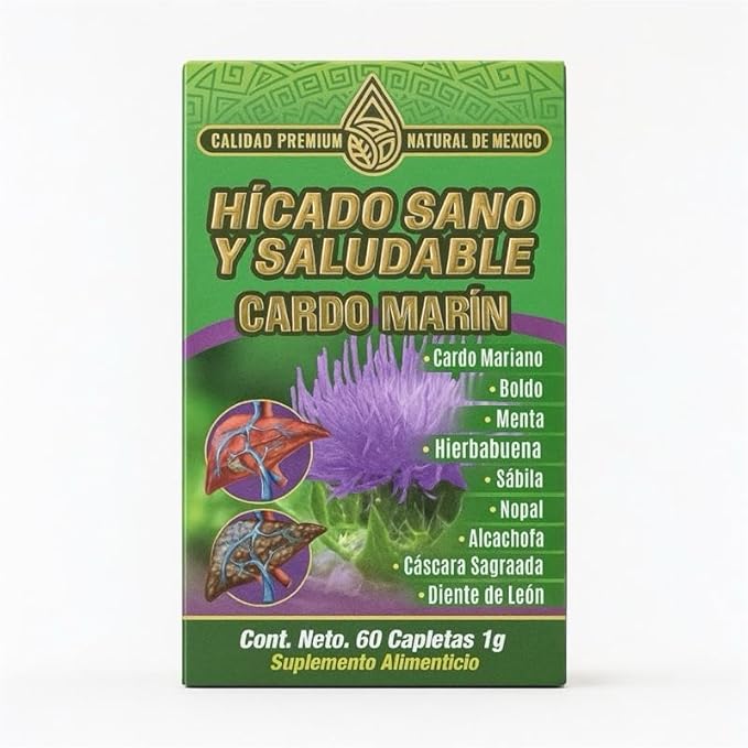 Healthy Liver | Hígado Sano y Saludable – Cardo Marín | Natural Supplement with Milk Thistle Boldo Aloe Vera Nopal &amp Artichoke | Supports Liver Detox &amp Digestive Health | 60 Capletas 1g