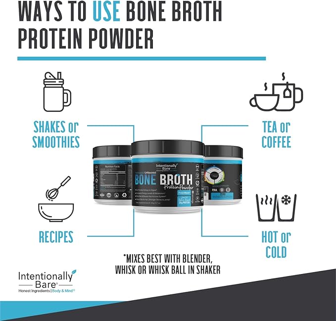 Intentionally Bare Bone Broth Protein Powder Unflavored - Grass Fed Protein Powder with Multi Collagen Peptides Type 1 2 and 3 - Dairy Free Bone Broth Powder for Skin Gut and Joint - 20 Servings