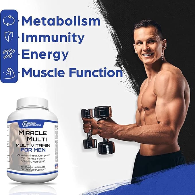 MiracleMulti Best Multivitamin for Men Vitamin and Mineral Supplement with Probiotics Superfood Enzyme Blend: Support for Heart Prostate Stamina Energy: Non-GMO (2-Pack 120 Tablets)