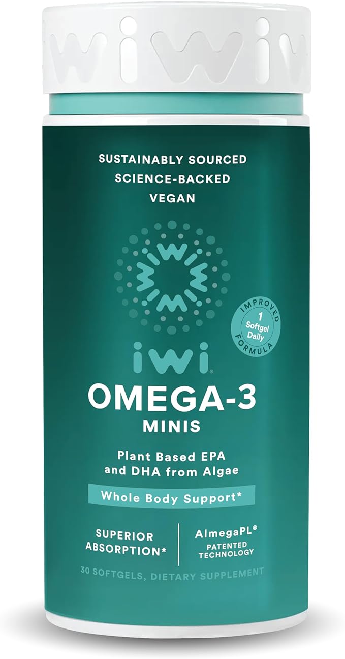 Iwi Omega-3 Mini Softgels (30 Servings) Easy to Swallow Plant-Based Algae Omega 3 with EPA + DHA Whole-Body Support Dietary Supplement Krill &amp Fish Oil Alternative No Fishy Aftertaste