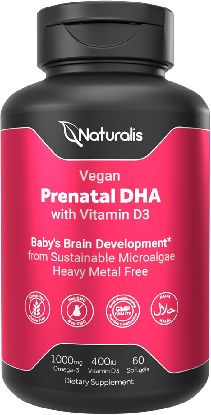 Naturalis Vegan Prenatal with Full Specrum Omega-3 | Algae DHA EPA DPA Vitamin D3 &amp Active Folate L 5-MTHF | Vegan Society Certified Sustainably Sourced Non-GMO &amp Soy Free | 60 Veggie Sof