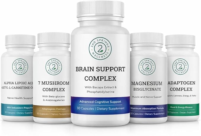 Brain Longevity Stack - ALA &amp ALC Complex + Adaptogen Complex + 7 Mushroom Complex + Brain Support + Magnesium Bisglycinate Bundle | Energy Focus Stress Support Immunity Cognitive Function