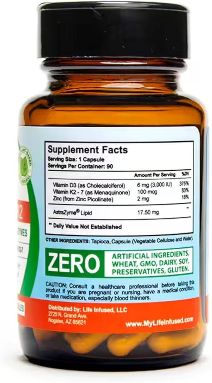 Life Infused Vitamin D3 + K2 Supplement with Zinc &amp Enzymes — 3000 IU D3 MK-7 K2 Immune &amp Bone Support Enhanced Absorption Non-GMO Vegan Capsules 90 Count