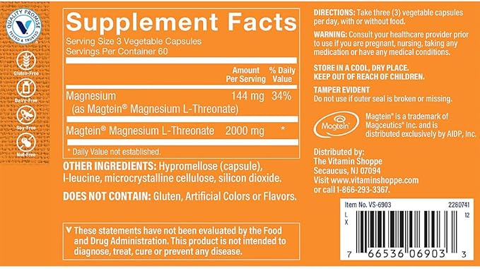 Magnesium L-Threonate with Magtein a Supports Brain Health (180 Vegetable Capsules)