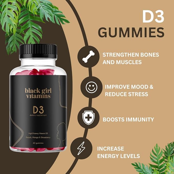 Black Girl Vitamins - Vitamin D3 Gummies for Immune Energy and Bone Support 2000IU (50mcg) Vitamin D per Serving Gluten-Free Vitamin D Gummies