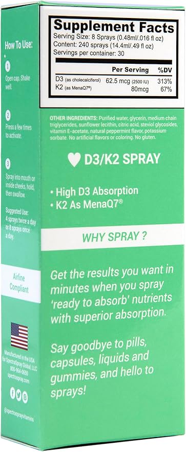 Spectraspray Vitamin D3 + K2 Spray - MenaQ-7 K2 Oral Vitamin Healthy Lifestyle Support 30 Day Supply Dual Vitamin Spray