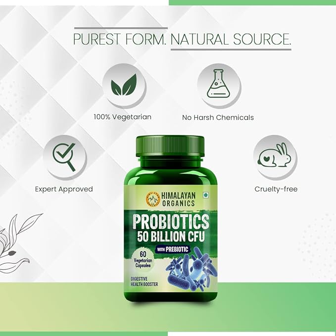 Himalayan Organics Probiotics 50 Billion CFU 150mg with Prebiotics | 10X Better Digestion &amp Immunity | Improve Gut Health - 60 Veg Capsules