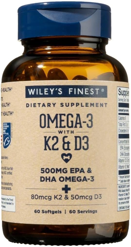 Wiley's Finest Wild Alaskan Fish Oil Vitamin K2 &amp D3 Softgels - 500mg of EPA and DHA Omega-3s for Bone and Heart Health Support - 60 Softgels (60 Servings)